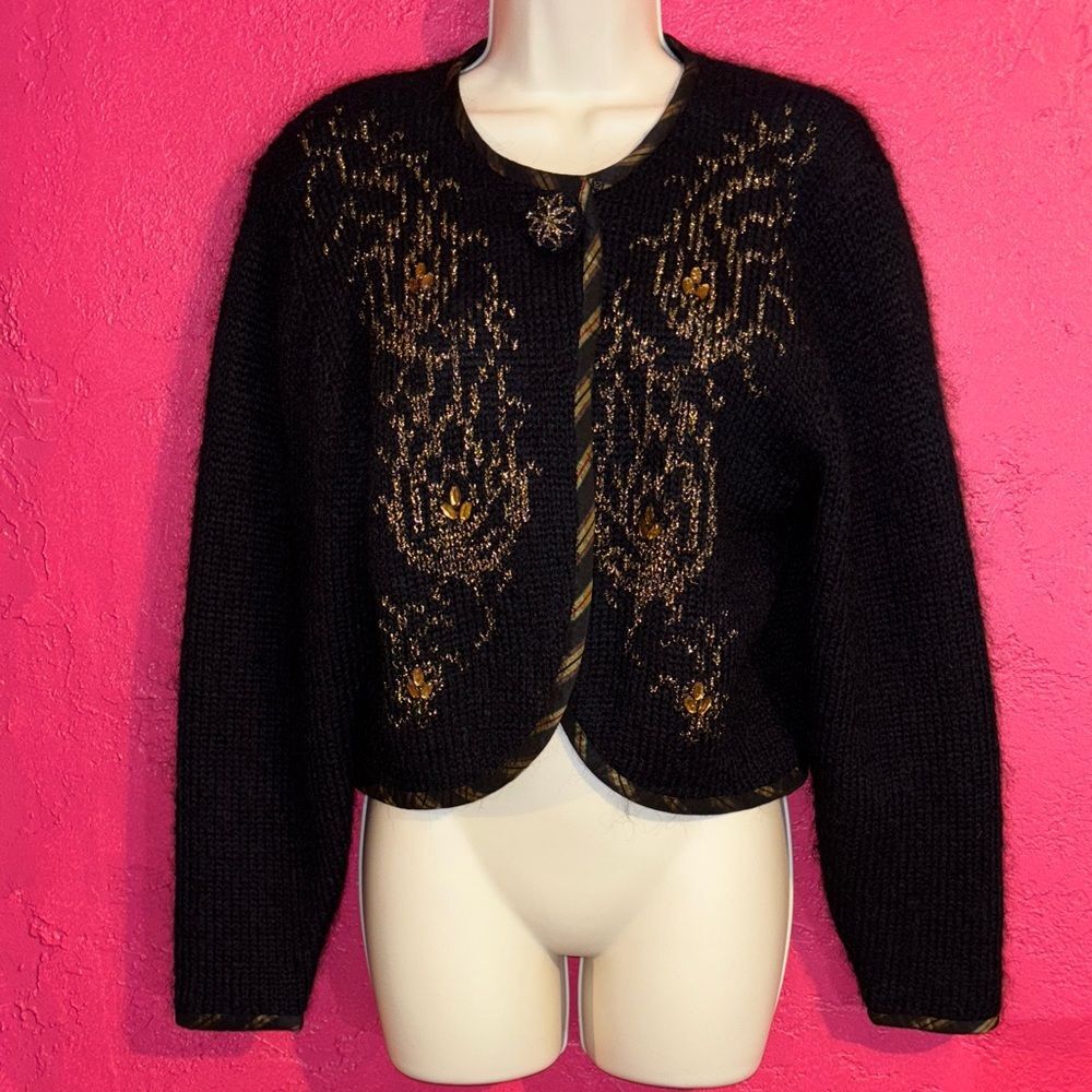 Susan Bristol vintage hand embroidered wool blend Black and Gold Cardigan. Sz M